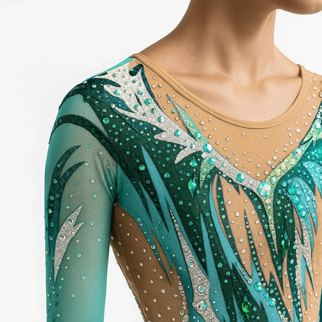 Justaucorps de gymnastique rythmique vert avec manches longues, motifs organiques et strass brillants sur fond chair