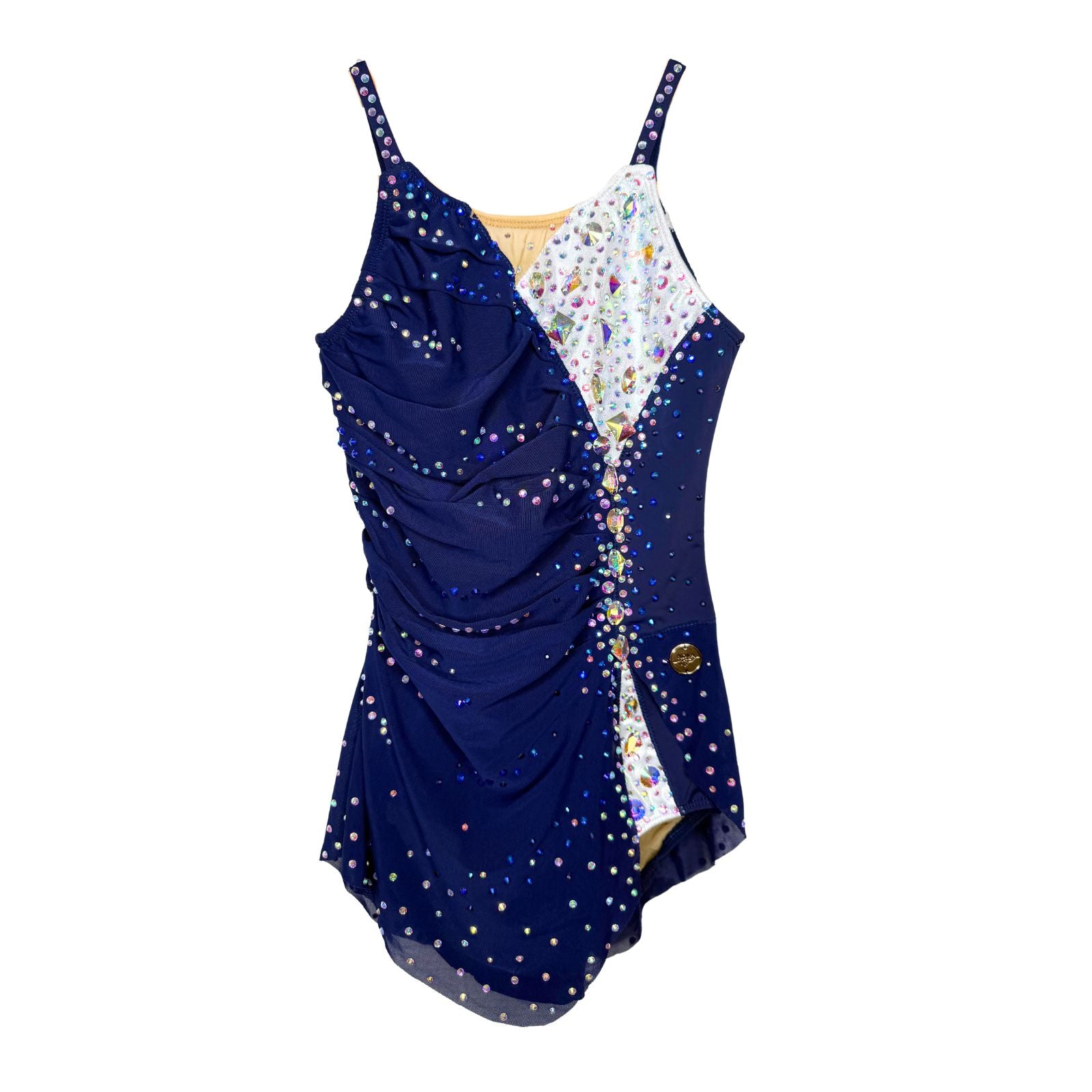 Justaucorps de gymnastique rythmique bleu marine avec bretelles fines et insert blanc orné de strass multicolores