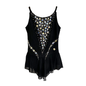 Justaucorps de gymnastique rythmique noir à bretelles fines avec strass brillants et jupe fluide intégrée
