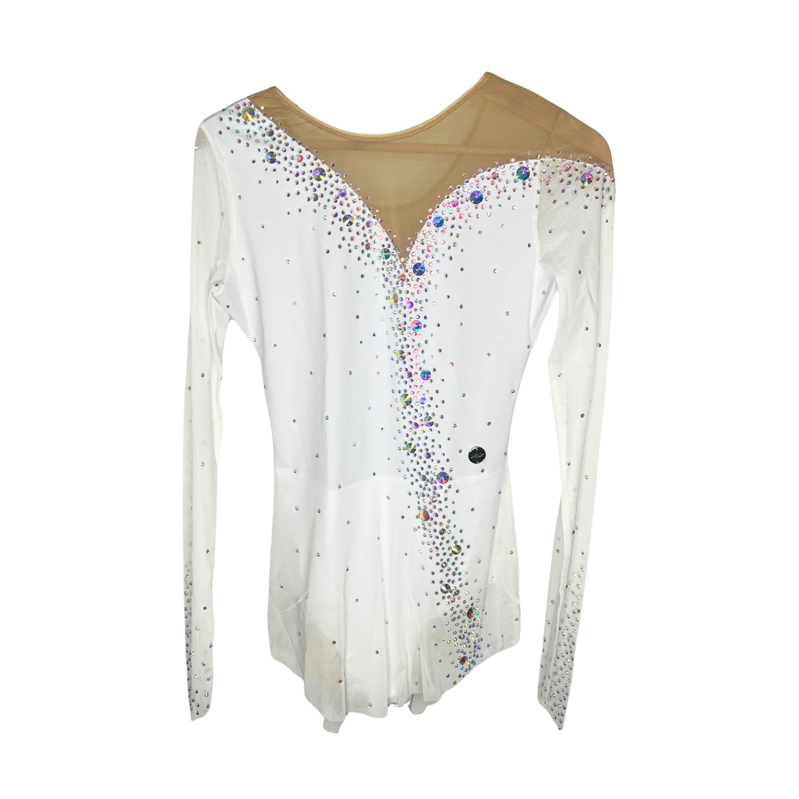 Justaucorps de gymnastique rythmique blanc à manches longues avec décolleté illusion en mesh chair, strass cristal AB scintillants et jupette fluide intégrée