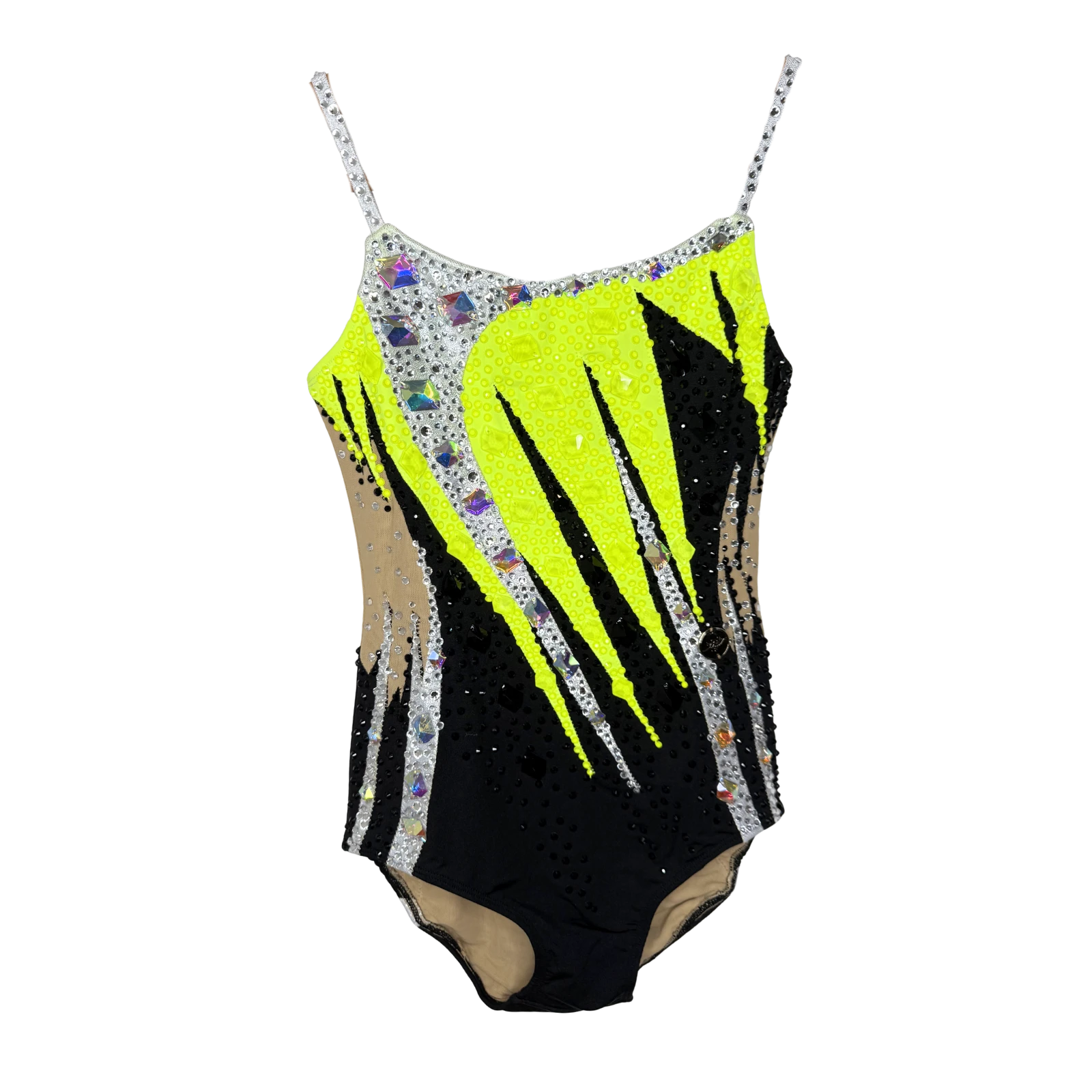Justaucorps de gymnastique rythmique noir et jaune fluo à fines bretelles avec motif éclat brodé argenté et pierres taillées cristal AB