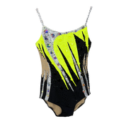 Justaucorps de gymnastique rythmique noir et jaune fluo à fines bretelles avec motif éclat brodé argenté et pierres taillées cristal AB