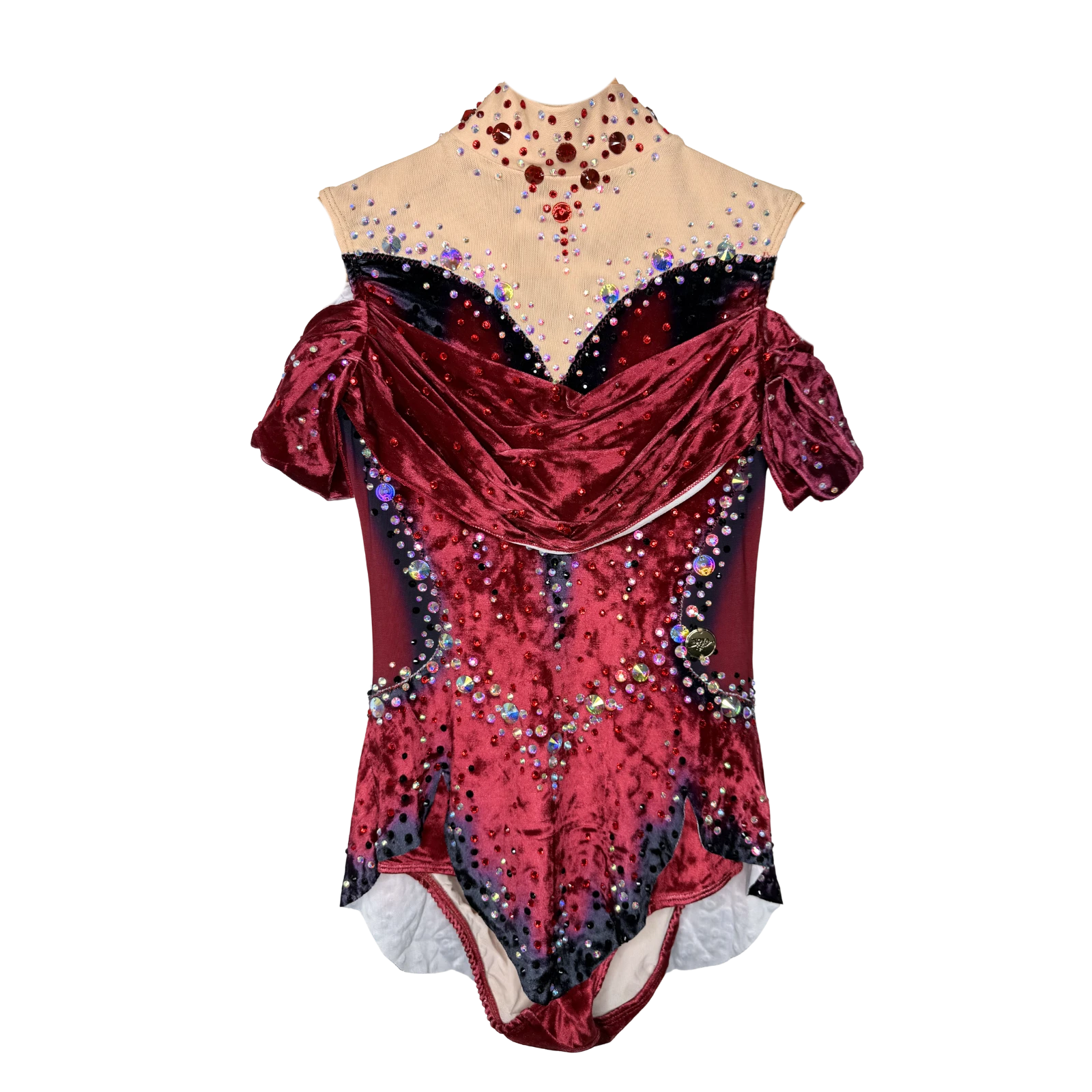 Justaucorps de gymnastique rythmique rouge bordeaux velours à manches courtes ballons avec col montant mesh et drapé central
