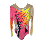 Justaucorps de gymnastique rythmique en dégradé rose et orange à manches longues mesh chair avec motif éclat noir et jaune fluo et strass cristal AB