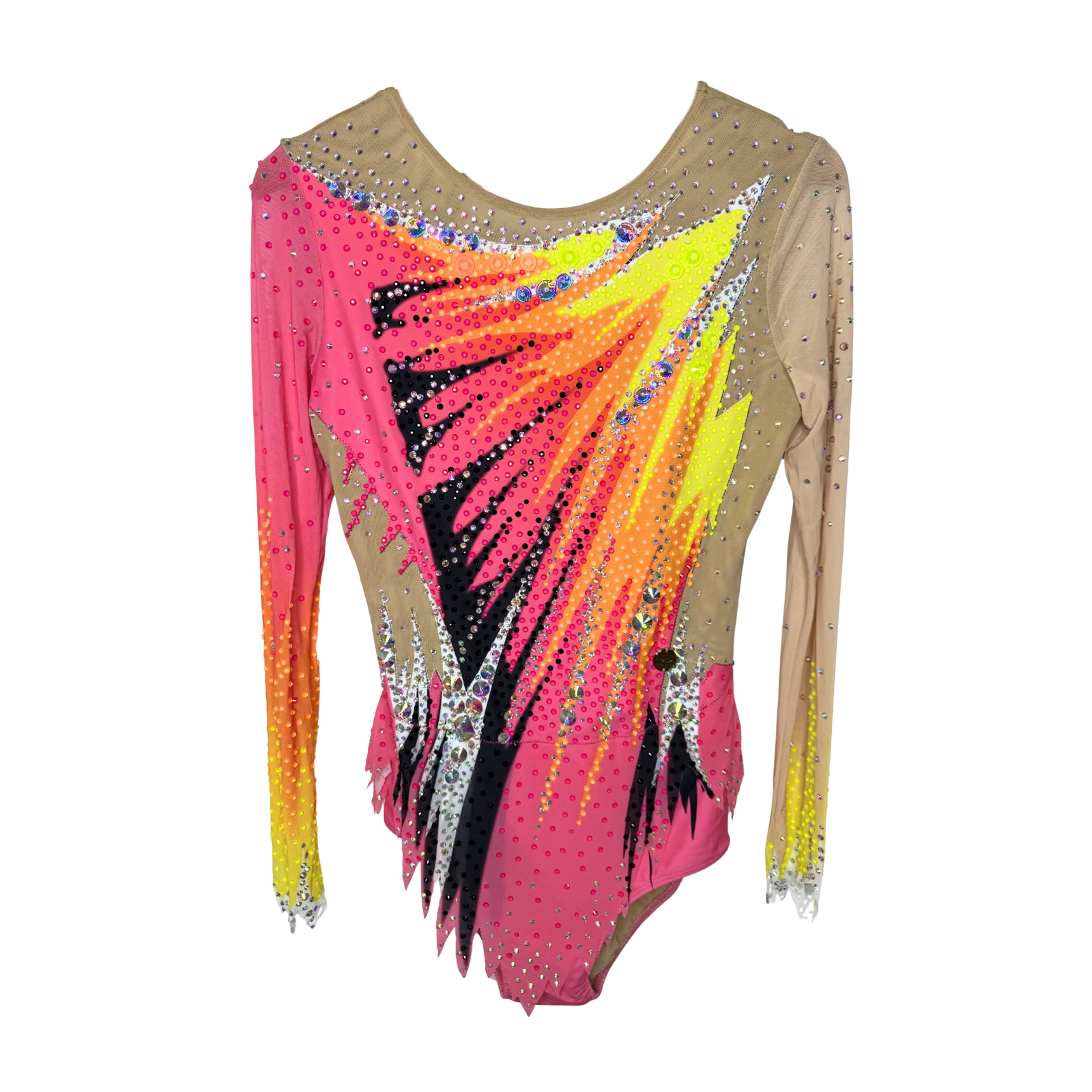 Justaucorps de gymnastique rythmique en dégradé rose et orange à manches longues mesh chair avec motif éclat noir et jaune fluo et strass cristal AB