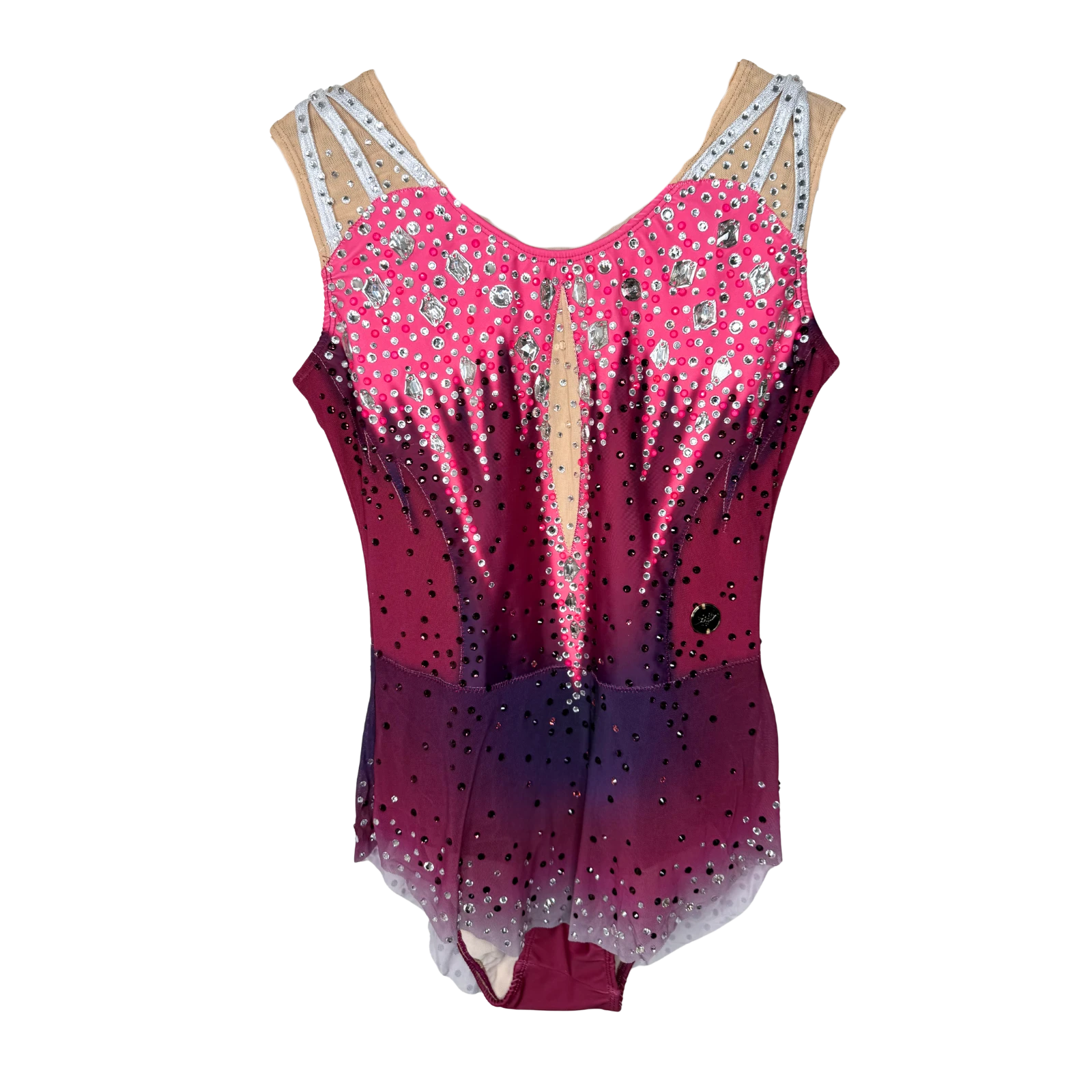Justaucorps de gymnastique rythmique en dégradé rose et violet sans manches avec bretelles brodées argent, pierres taillées cristal AB et jupe vaporeuse