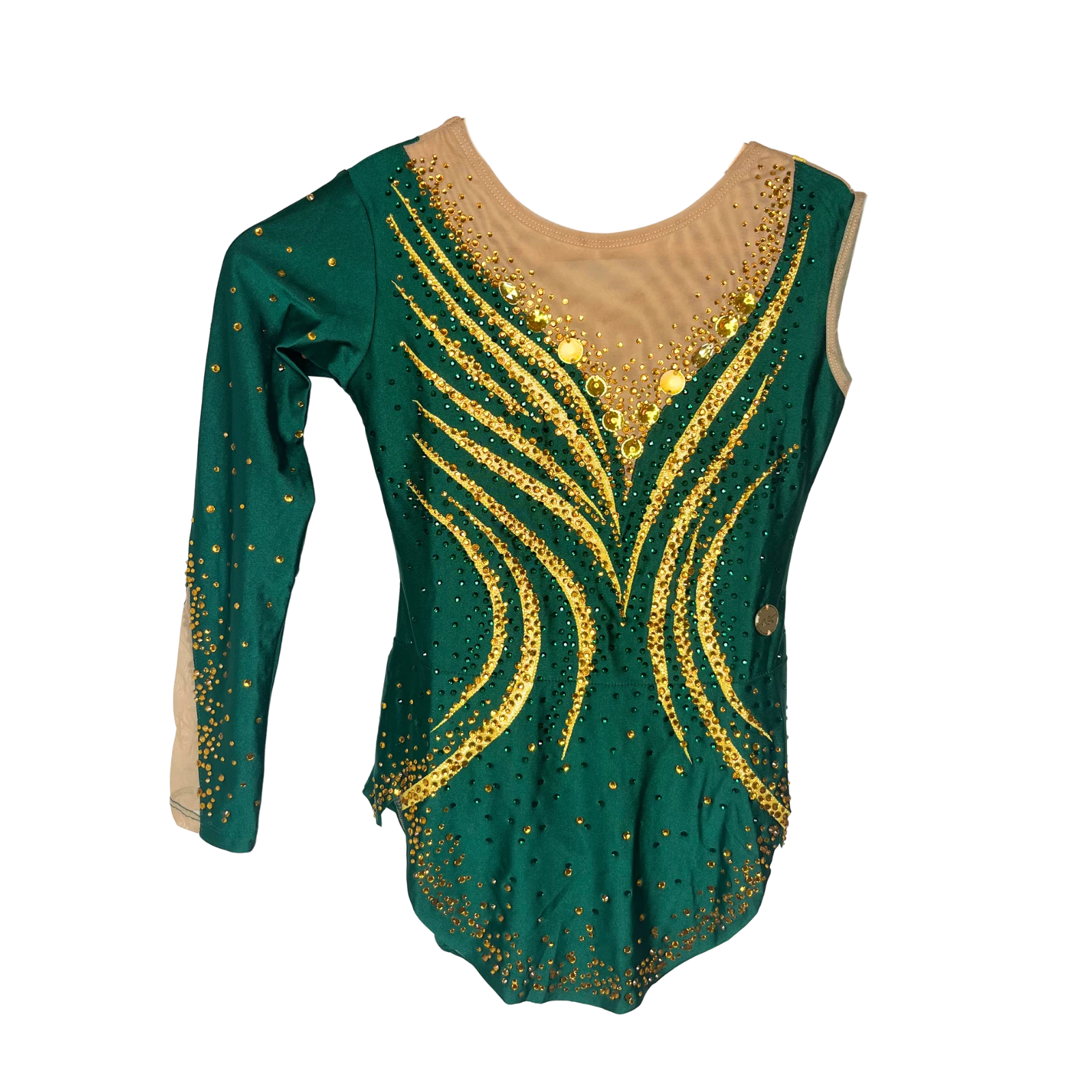 Justaucorps de gymnastique rythmique vert émeraude à manches asymétriques avec motif flammes dorées et strass dorés