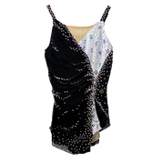 Justaucorps de gymnastique rythmique noir et blanc à fines bretelles avec drapé asymétrique mesh, pierres taillées cristal AB