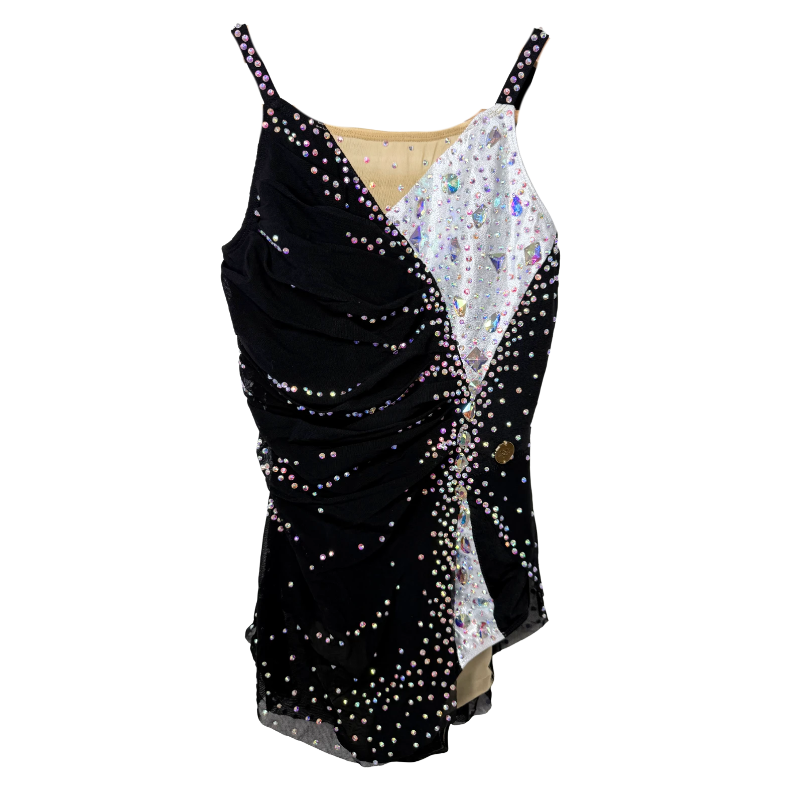 Justaucorps de gymnastique rythmique noir et blanc à fines bretelles avec drapé asymétrique mesh, pierres taillées cristal AB