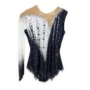 Justaucorps de gymnastique rythmique bleu marine et blanc à manches asymétriques avec motif central blanc en pointes et strass cristal AB
