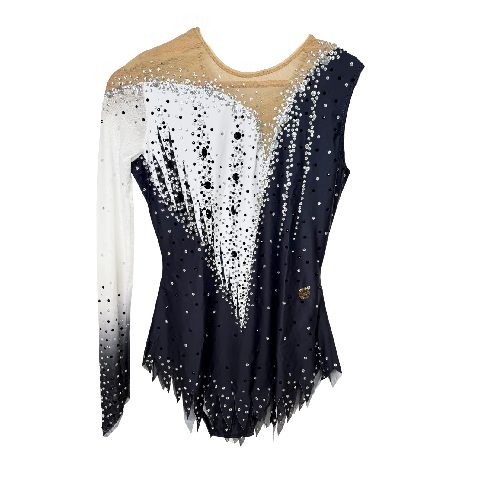 Justaucorps de gymnastique rythmique bleu marine et blanc à manches asymétriques avec motif central blanc en pointes et strass cristal AB
