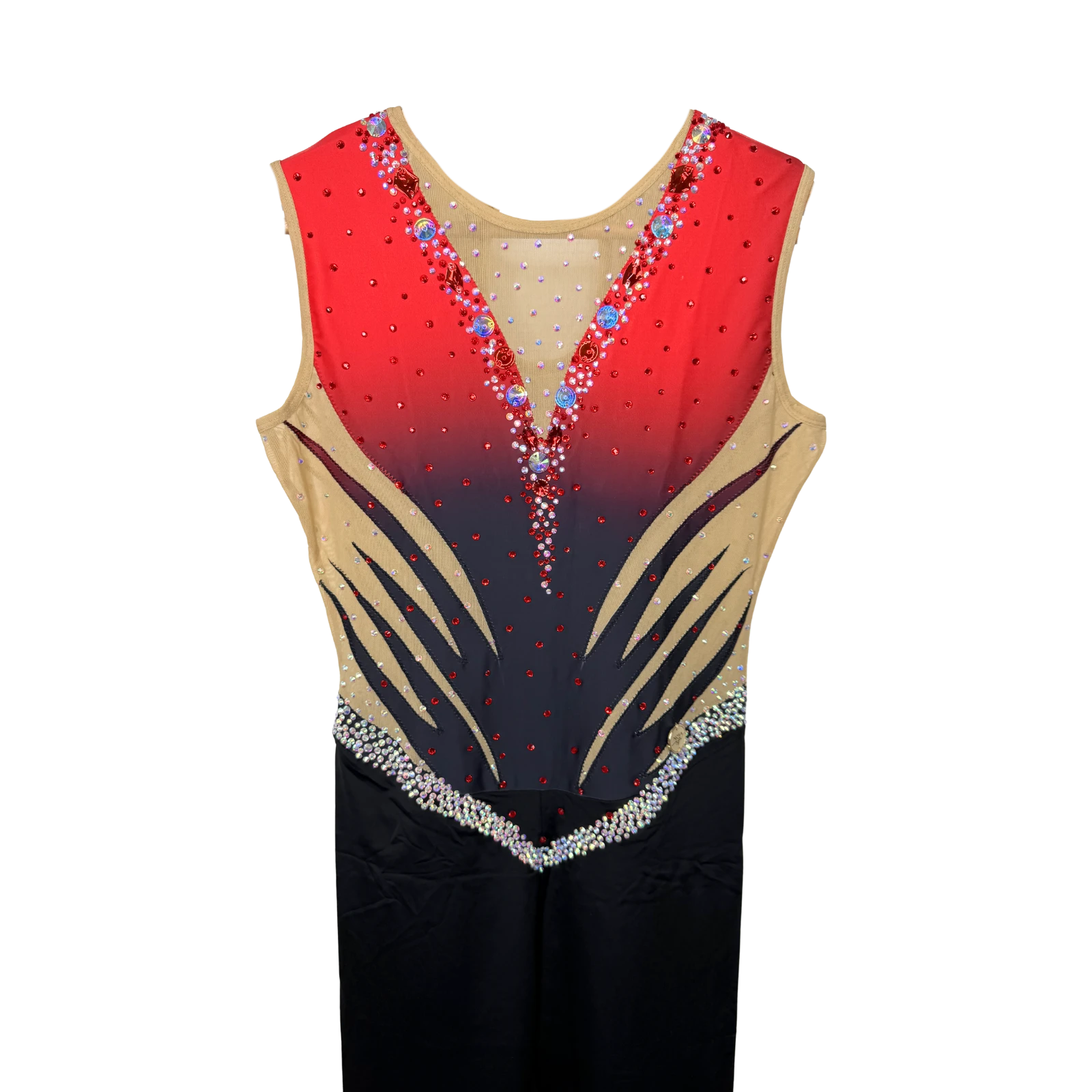Académique de gymnastique rythmique rouge et noir sans manches avec décolleté mesh chair, motif flammes brodées et jambes longues
