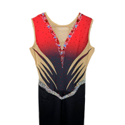 Académique de gymnastique rythmique rouge et noir sans manches avec décolleté mesh chair, motif flammes brodées et jambes longues