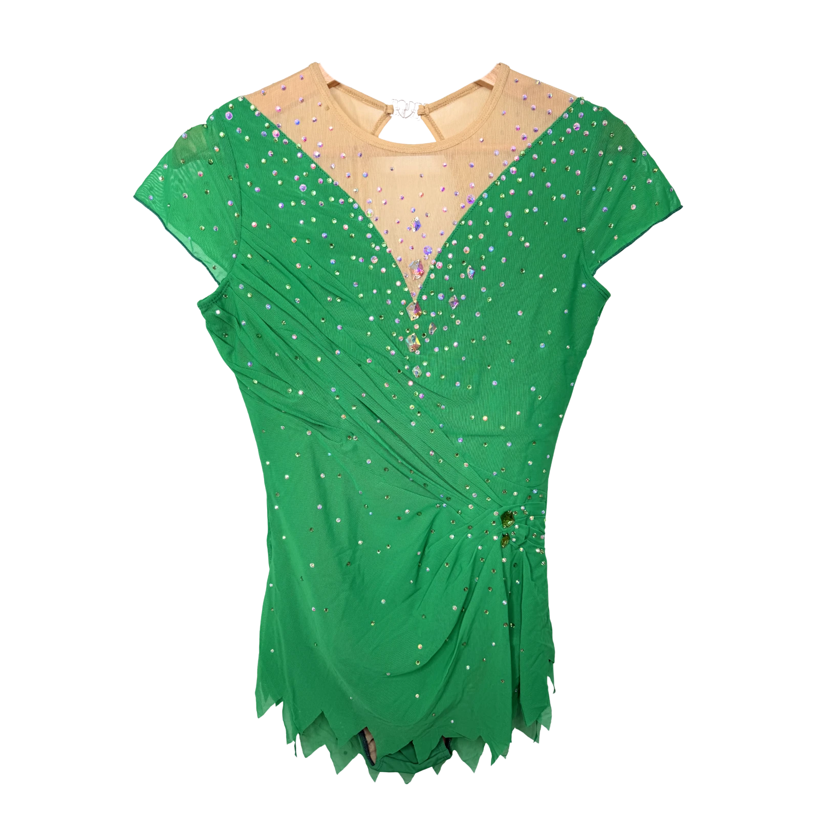 Justaucorps de gymnastique rythmique vert émeraude à manches courtes papillon avec drapé central et strass cristal AB en cascade