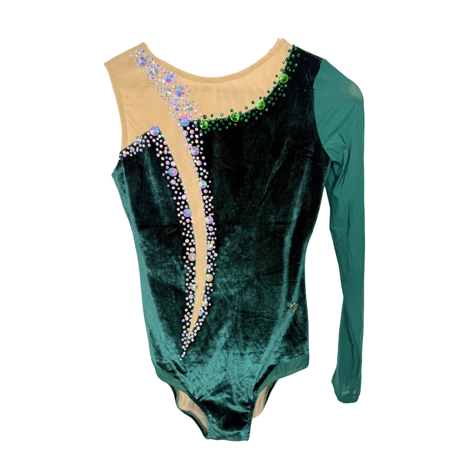 Justaucorps de gymnastique rythmique vert sapin velours à manches asymétriques avec découpe latérale mesh chair et strass cristal AB