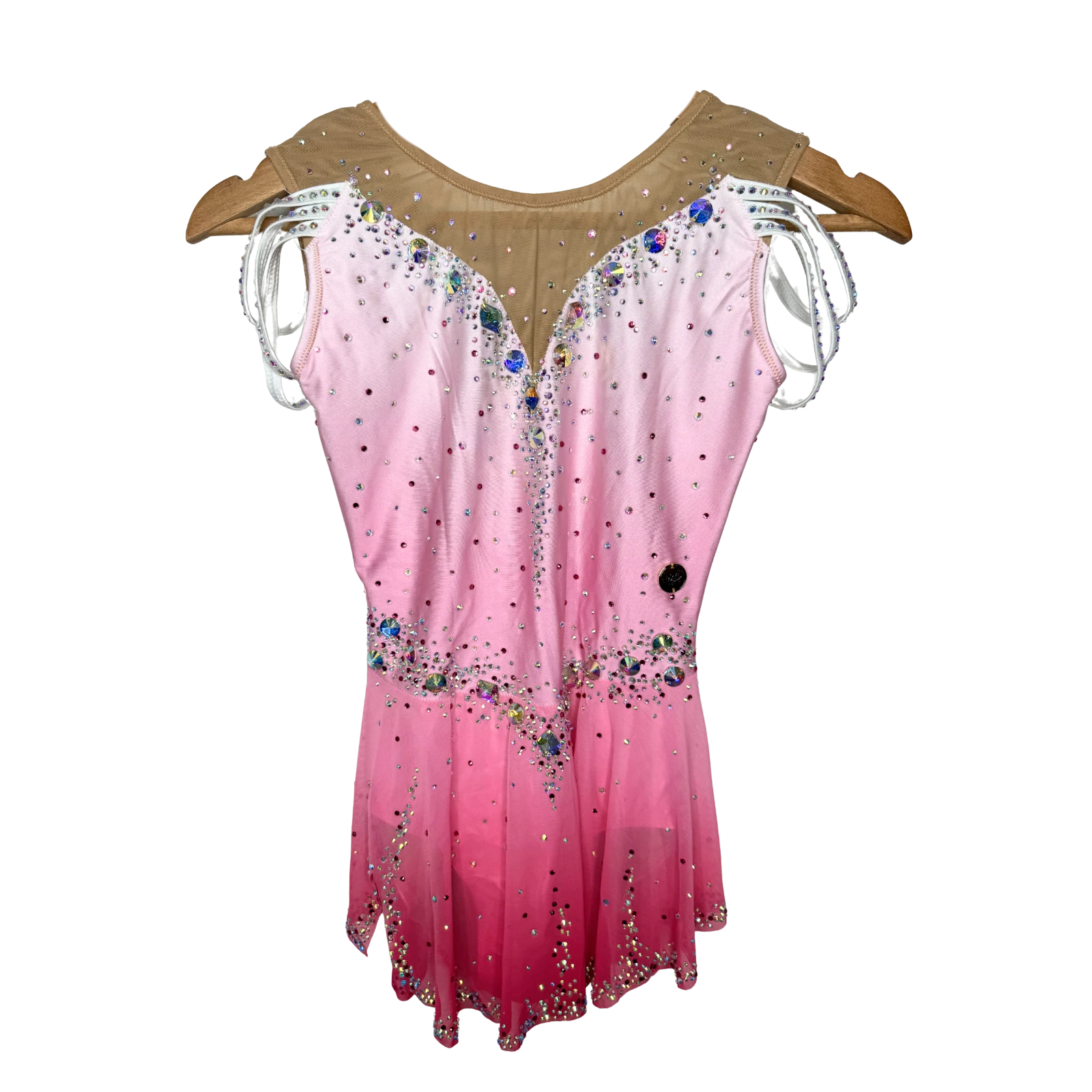 Justaucorps de gymnastique rythmique en dégradé rose pâle et rose vif sans manches avec épaulettes ajourées et jupe vaporeuse à strass