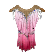 Justaucorps de gymnastique rythmique en dégradé rose pâle et rose vif sans manches avec épaulettes ajourées et jupe vaporeuse à strass