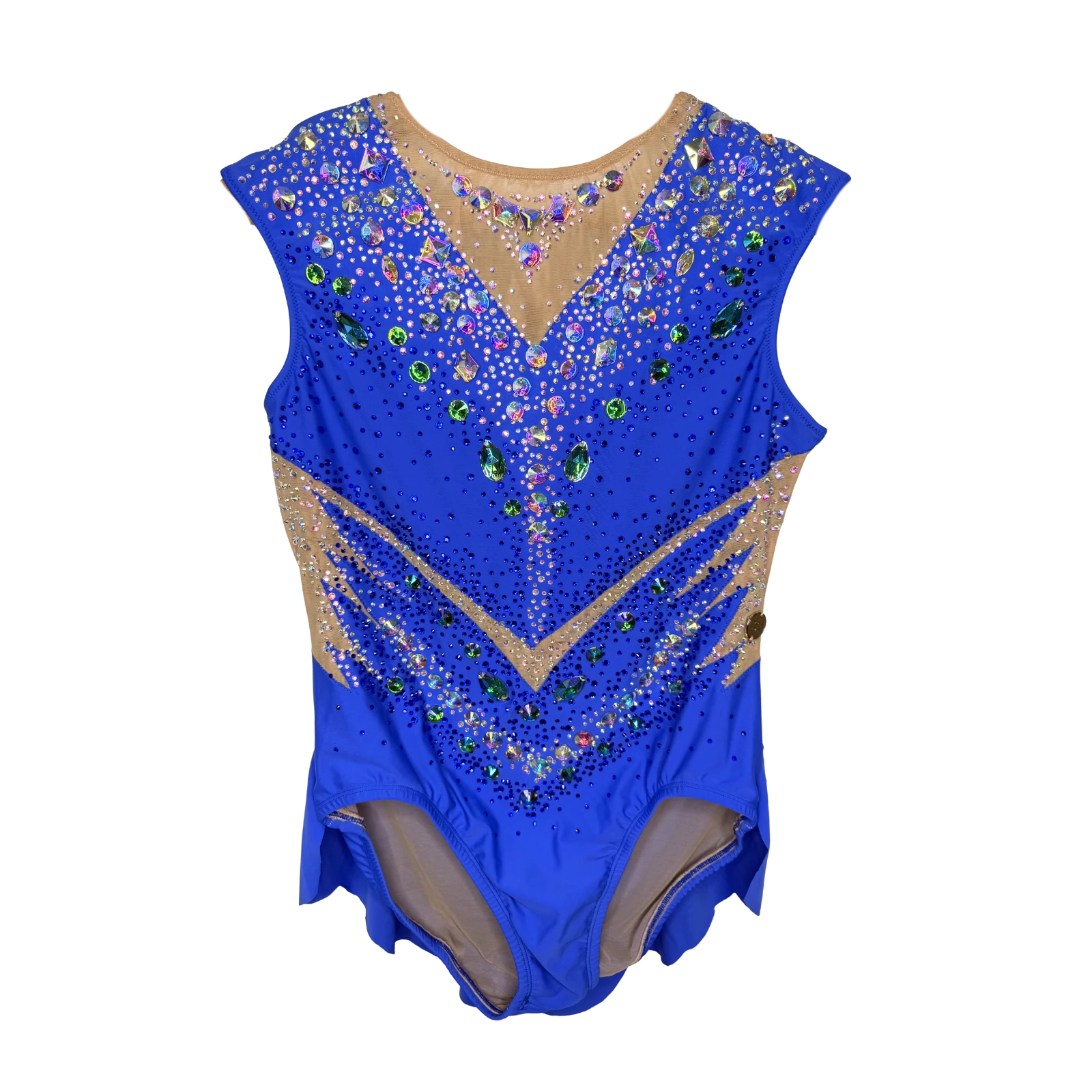 Justaucorps de gymnastique rythmique bleu roi sans manches avec motif central en V de pierres taillées multicolores irisées