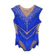 Justaucorps de gymnastique rythmique bleu roi sans manches avec motif central en V de pierres taillées multicolores irisées