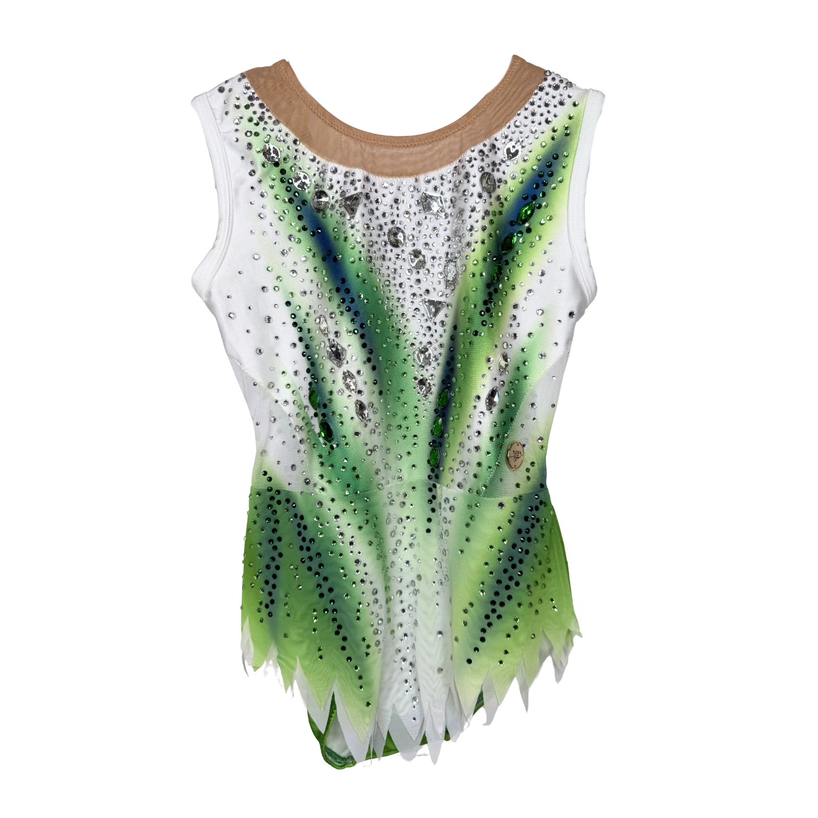 Justaucorps de gymnastique rythmique blanc et vert effet aquarelle sans manches avec pierres taillées cristal AB et bas à pointes