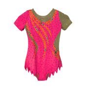 Justaucorps de gymnastique rythmique rose fluo à manches courtes mesh chair avec motif vagues orange et strass cristal AB