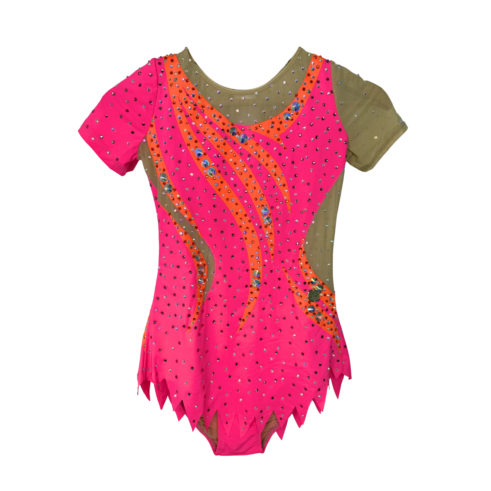 Justaucorps de gymnastique rythmique rose fluo à manches courtes mesh chair avec motif vagues orange et strass cristal AB