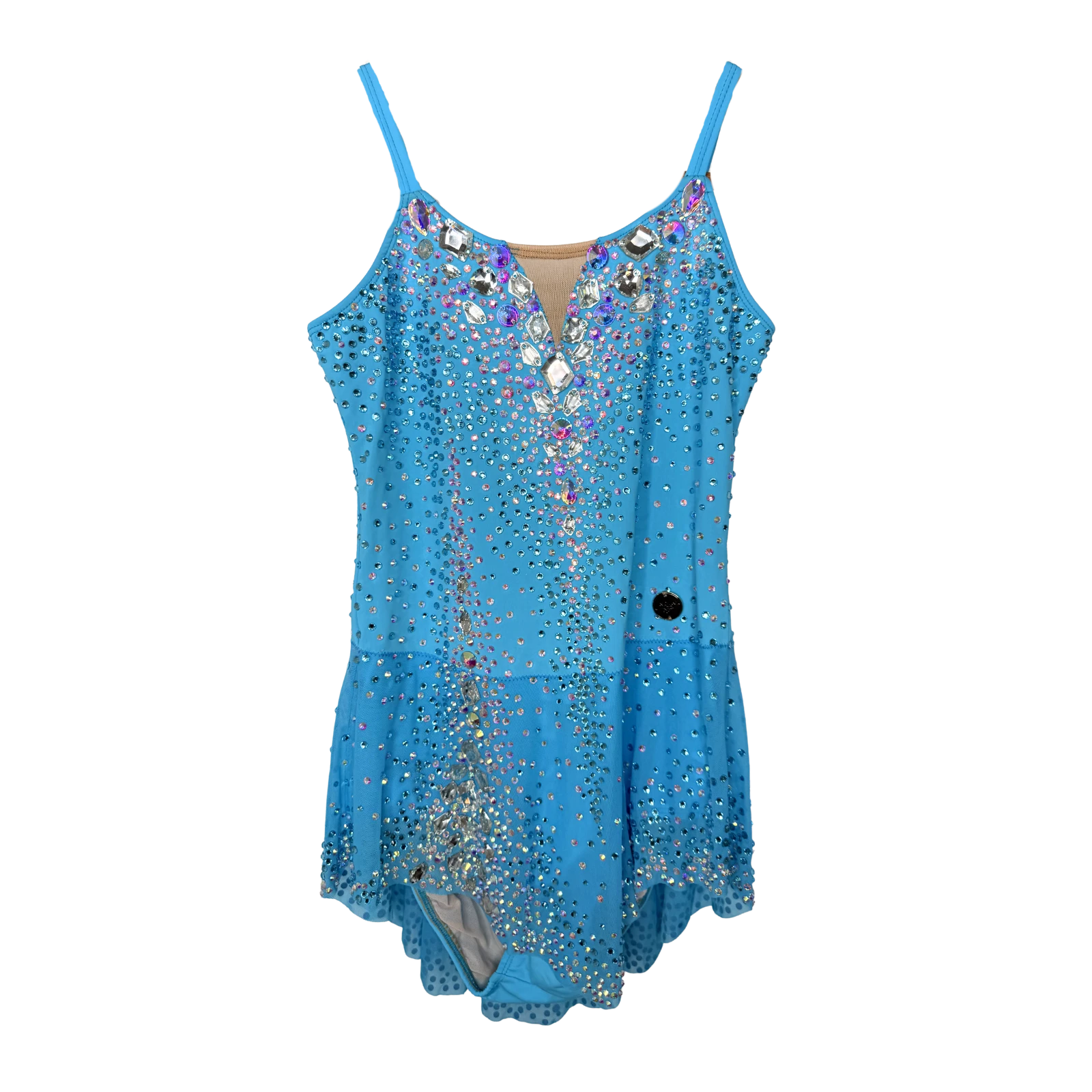 Justaucorps de gymnastique rythmique bleu turquoise à fines bretelles avec encolure ornée de pierres taillées et strass cristal AB en cascade