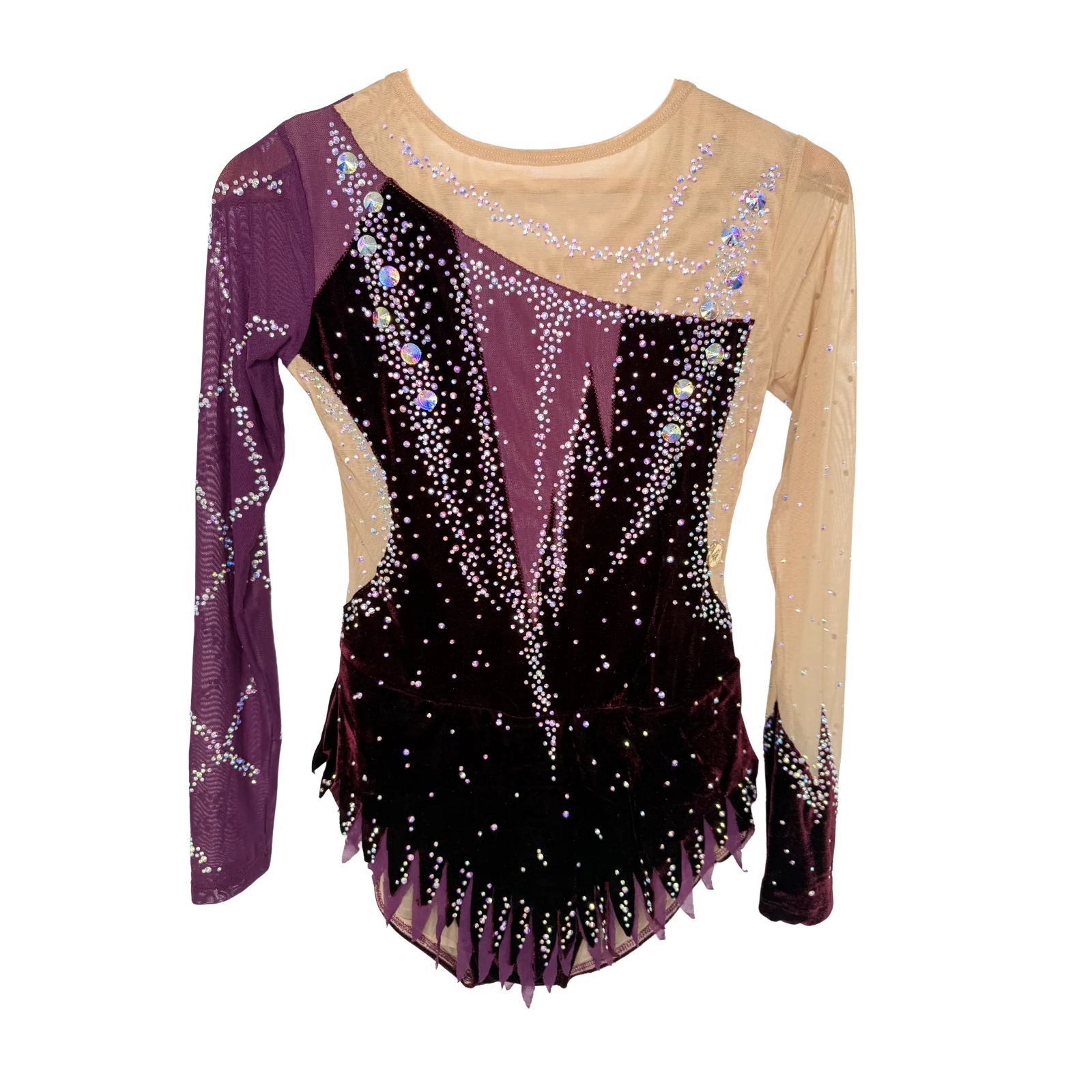 Justaucorps de gymnastique rythmique violet aubergine velours à manches longues asymétriques mesh avec strass cristal AB et jupette à pointes
