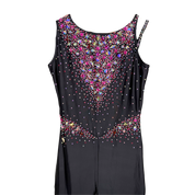 Académique de gymnastique rythmique noir sans manches avec décolleté en V orné de pierres taillées roses et multicolores, jambes longues