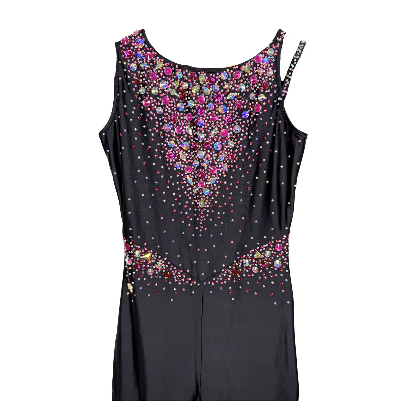 Académique de gymnastique rythmique noir sans manches avec décolleté en V orné de pierres taillées roses et multicolores, jambes longues