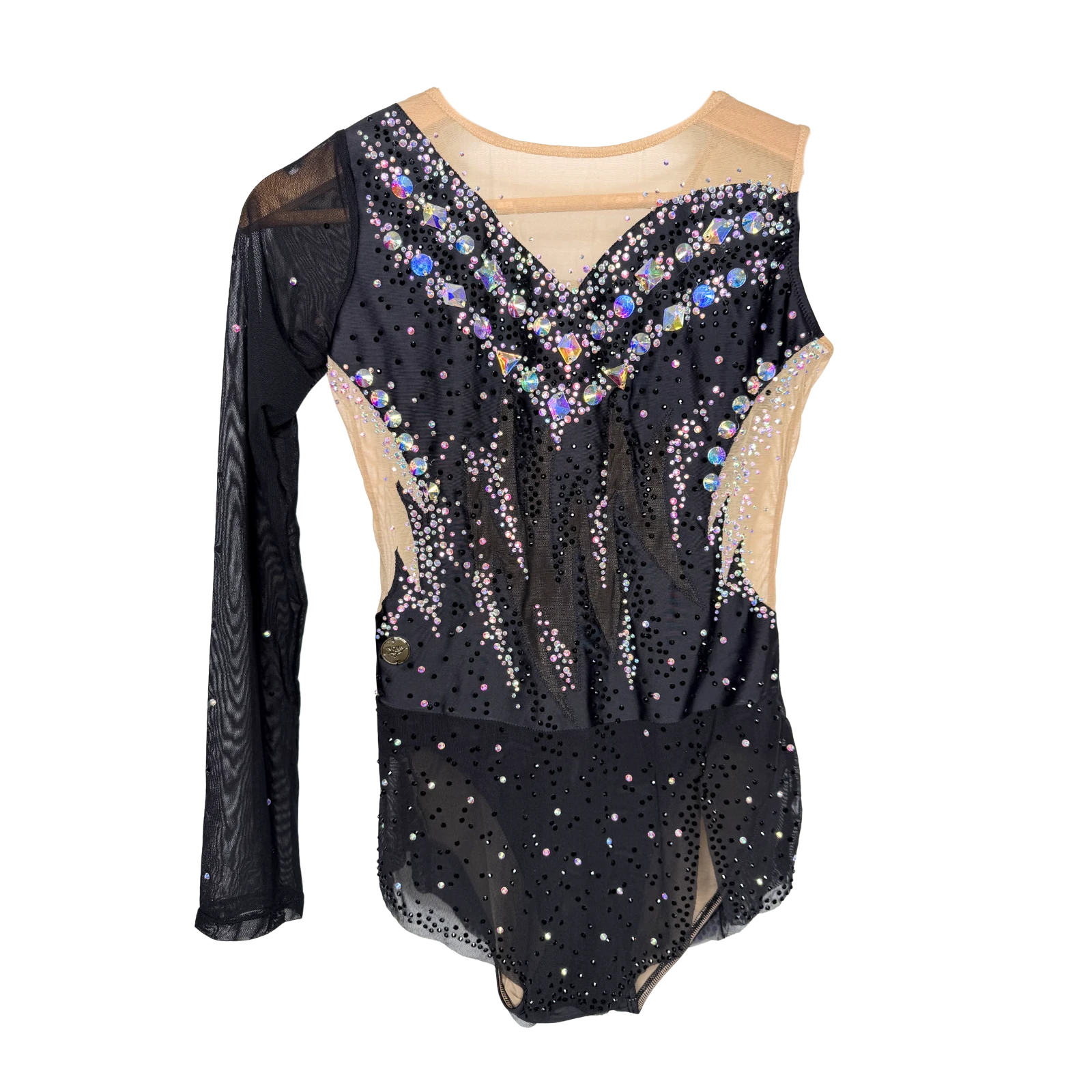 Justaucorps de gymnastique rythmique noir à manches asymétriques avec décolleté en coeur, pierres taillées irisées et bas vaporeux mesh