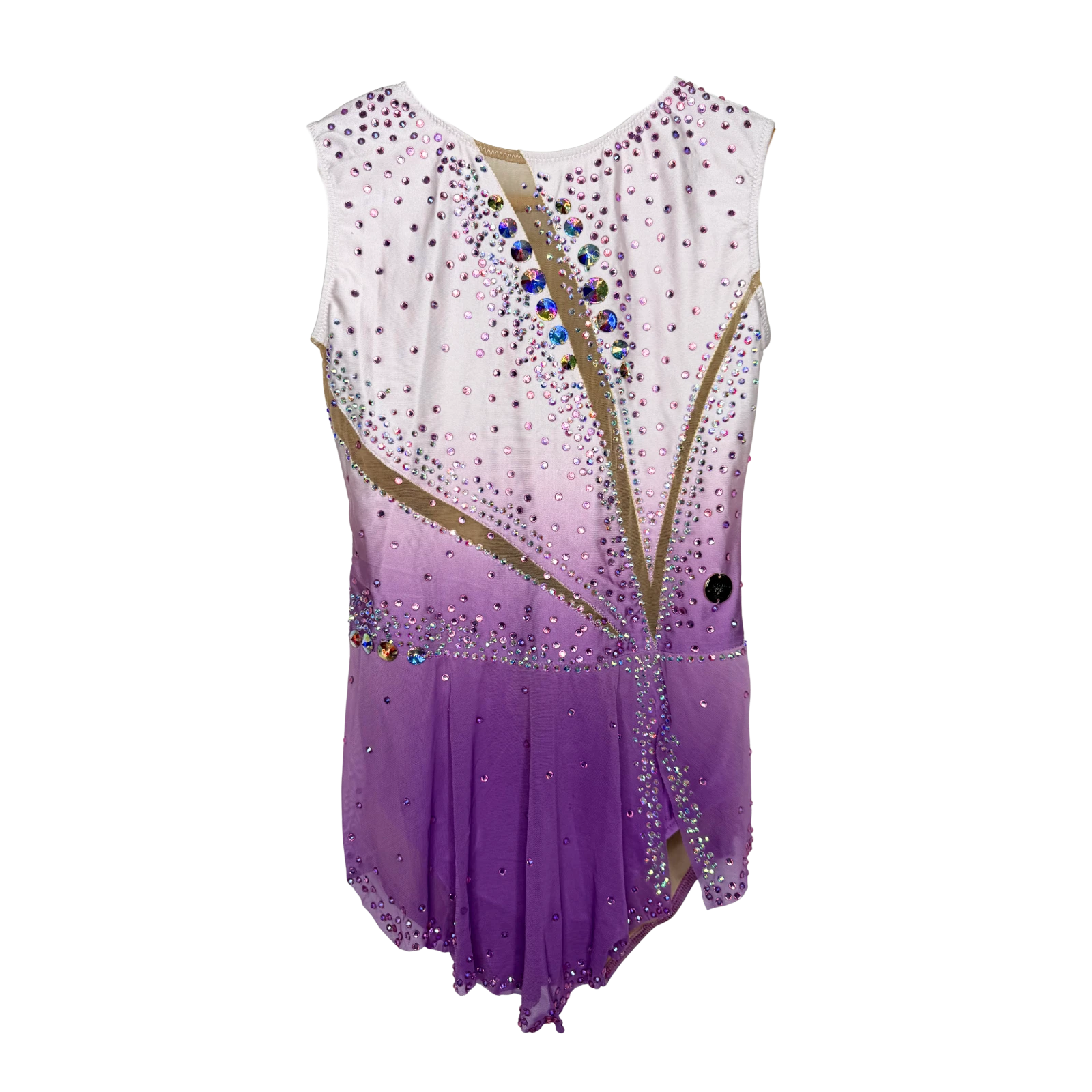 Justaucorps de gymnastique rythmique en dégradé blanc et violet sans manches avec strass cristal AB et jupe vaporeuse violette