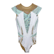 Justaucorps de gymnastique rythmique blanc et bleu menthe à manches courtes papillon avec drapé central mesh et strass cristal AB