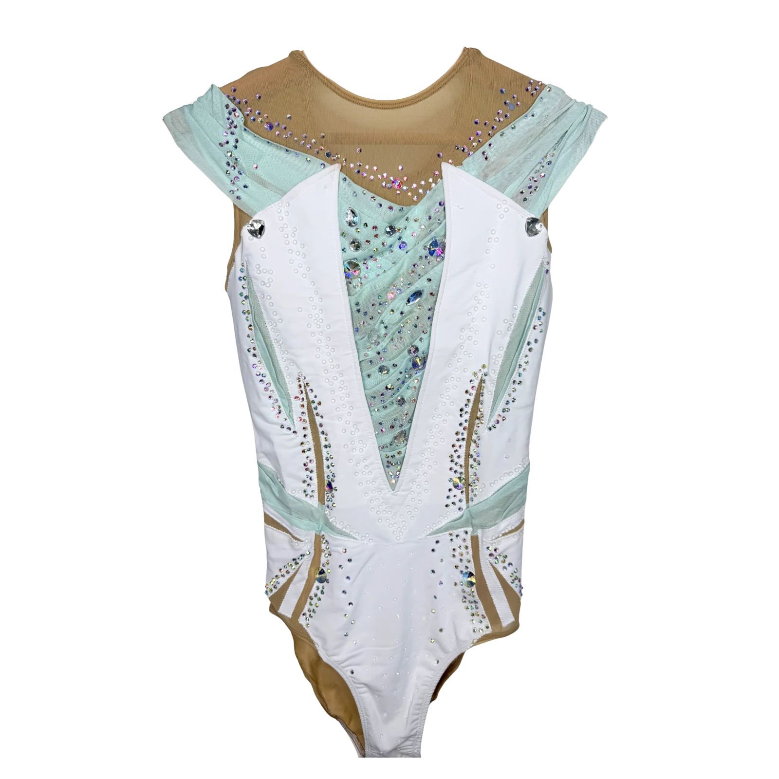 Justaucorps de gymnastique rythmique blanc et bleu menthe à manches courtes papillon avec drapé central mesh et strass cristal AB