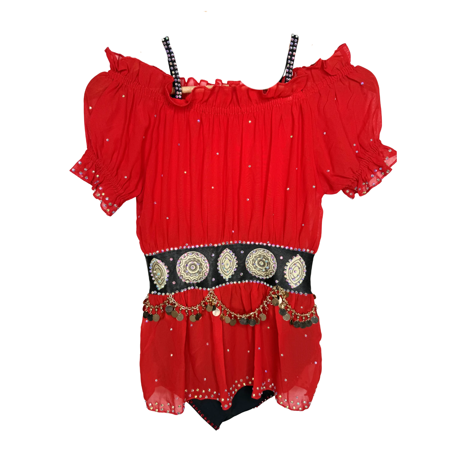 Justaucorps de gymnastique rythmique rouge mousseline à manches courtes ballons avec ceinture noire ornée de médaillons dorés et pampilles dorées