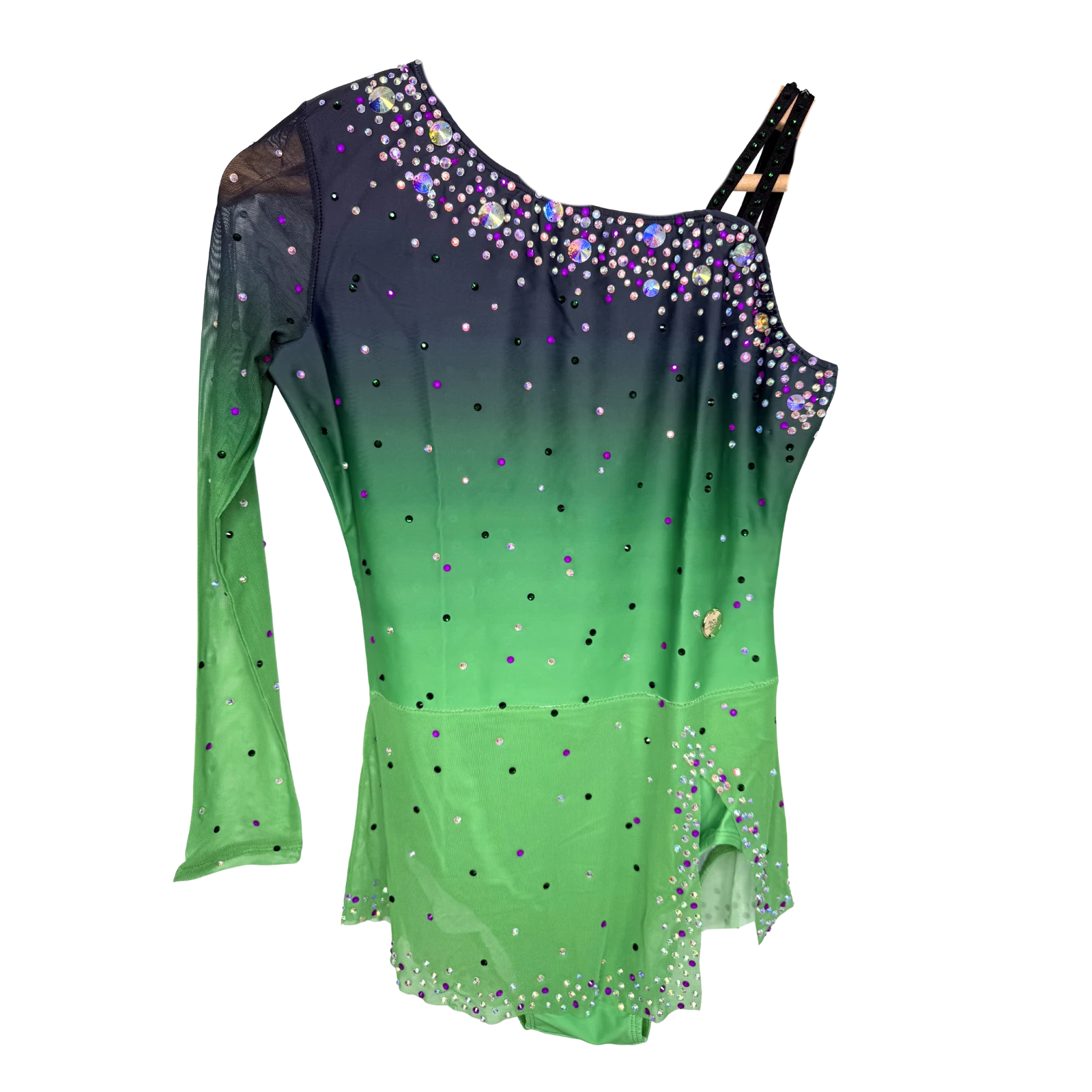 Justaucorps de gymnastique rythmique en dégradé bleu marine et vert pomme à manches asymétriques avec strass cristal AB et roses, jupette dégradée