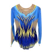 Justaucorps de gymnastique rythmique en dégradé bleu ciel et bleu marine à manches longues mesh chair avec motif flammes jaunes et strass cristal AB