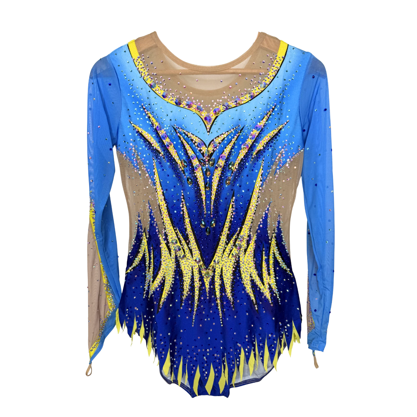 Justaucorps de gymnastique rythmique en dégradé bleu ciel et bleu marine à manches longues mesh chair avec motif flammes jaunes et strass cristal AB