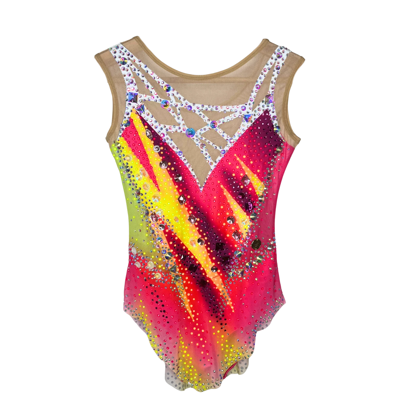 Justaucorps de gymnastique rythmique rose et rouge sans manches avec dégradé jaune et flammes diagonales, décolleté tressé et strass