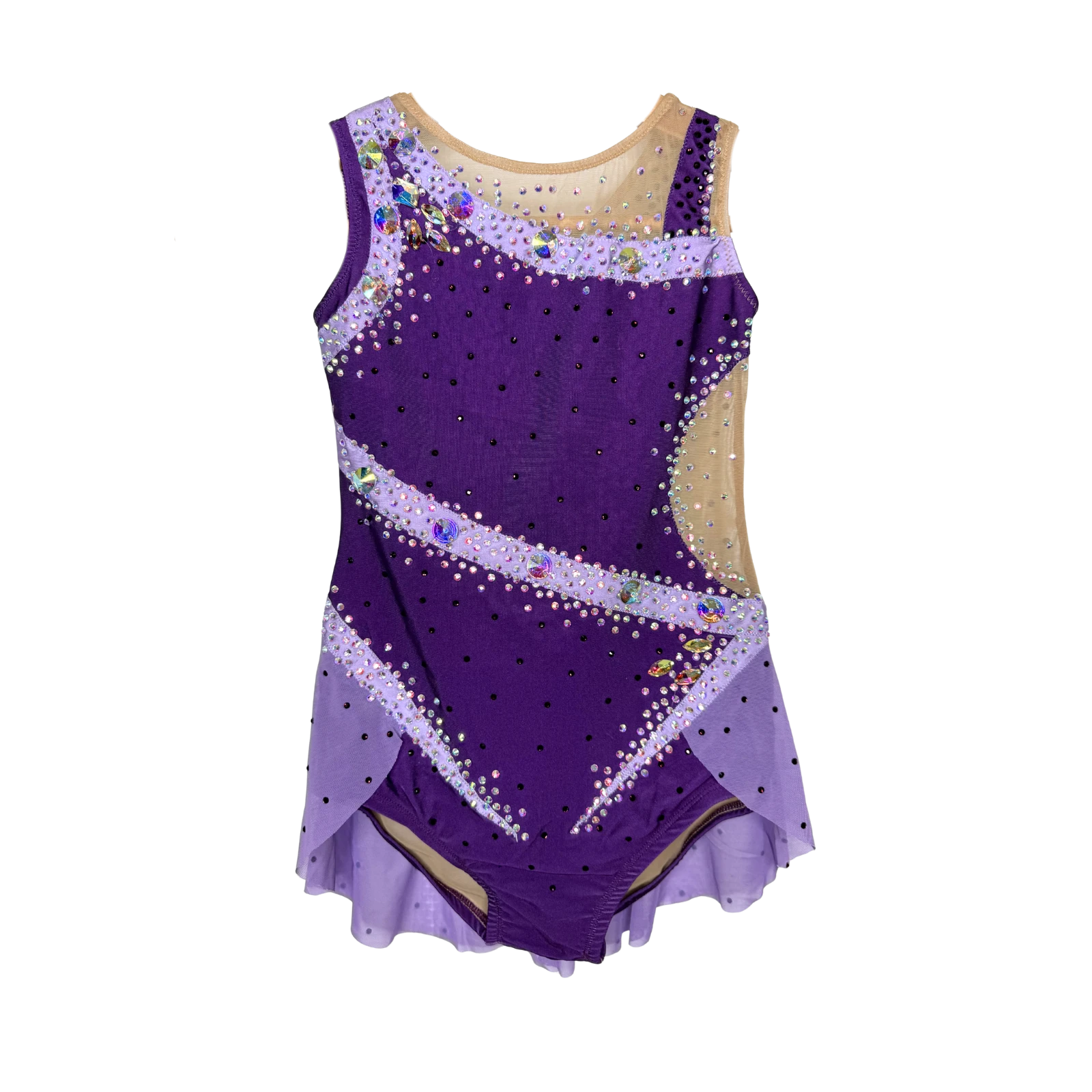 Justaucorps de gymnastique rythmique violet roi sans manches avec encolure asymétrique mesh chair, bandes ornées de pierres taillées cristal AB et jupette mesh