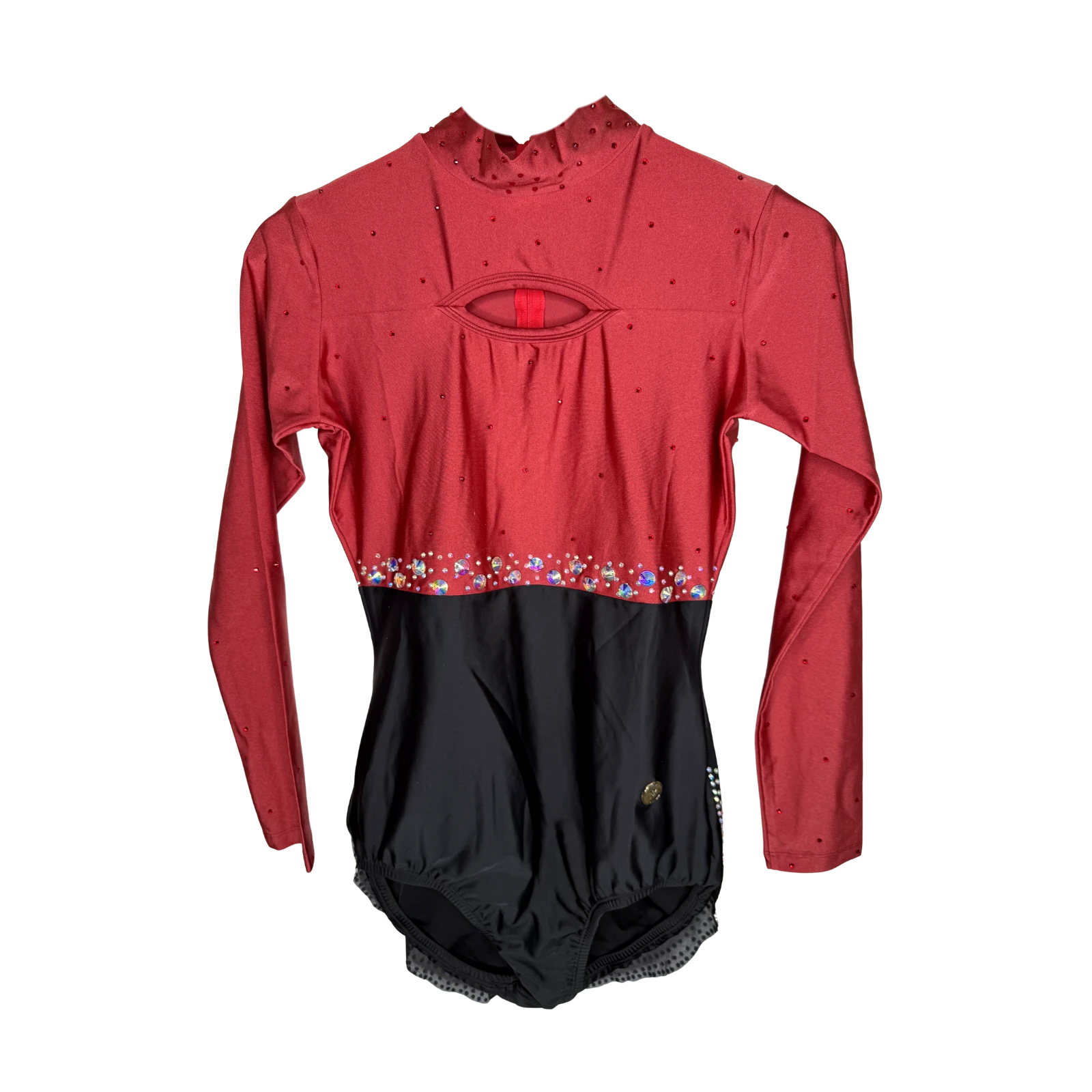 Justaucorps de gymnastique rythmique buste rouge bordeaux et bas noir à manches longues avec col montant et fente décolletée