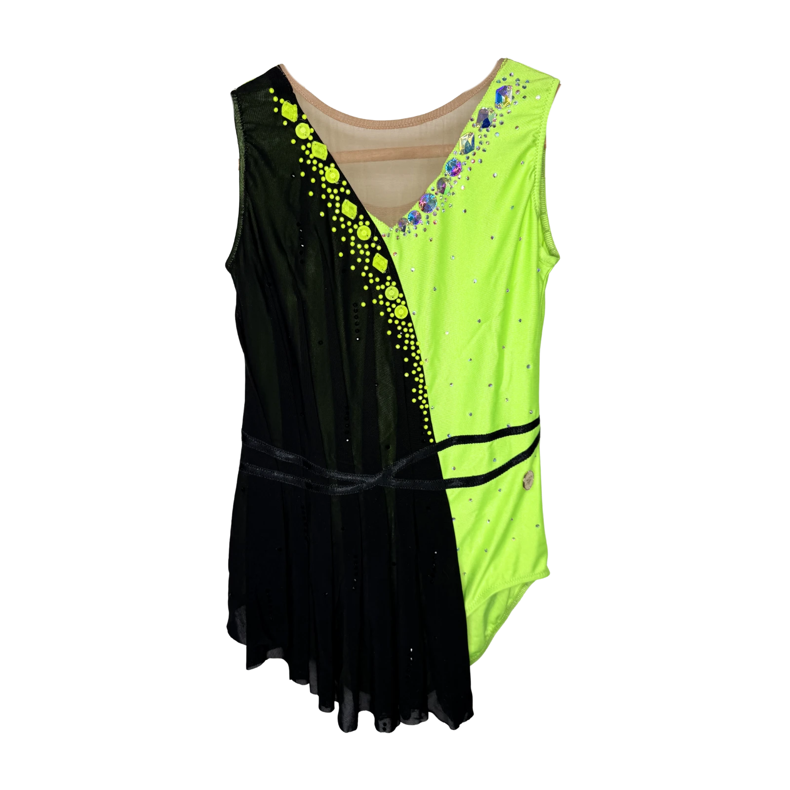 Justaucorps de gymnastique rythmique bicolore noir et jaune fluo asymétrique sans manches avec ceintures contrastées et strass jaunes
