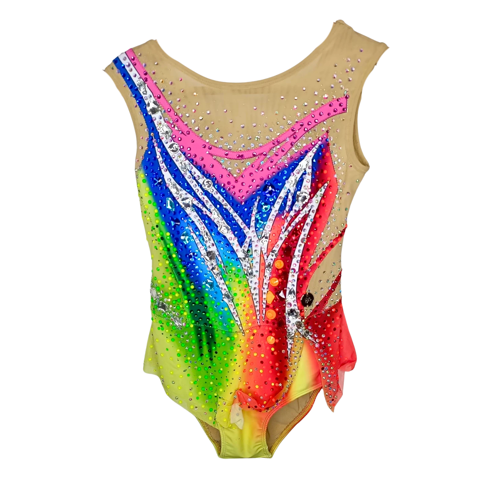 Justaucorps de gymnastique rythmique multicolore arc-en-ciel sans manches avec décolleté mesh chair et motif flammes argentées