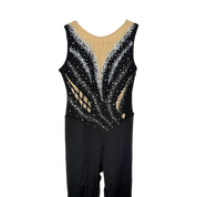 Académique de gymnastique rythmique noir sans manches avec décolleté illusion, strass argentés en cascade et jambes longues