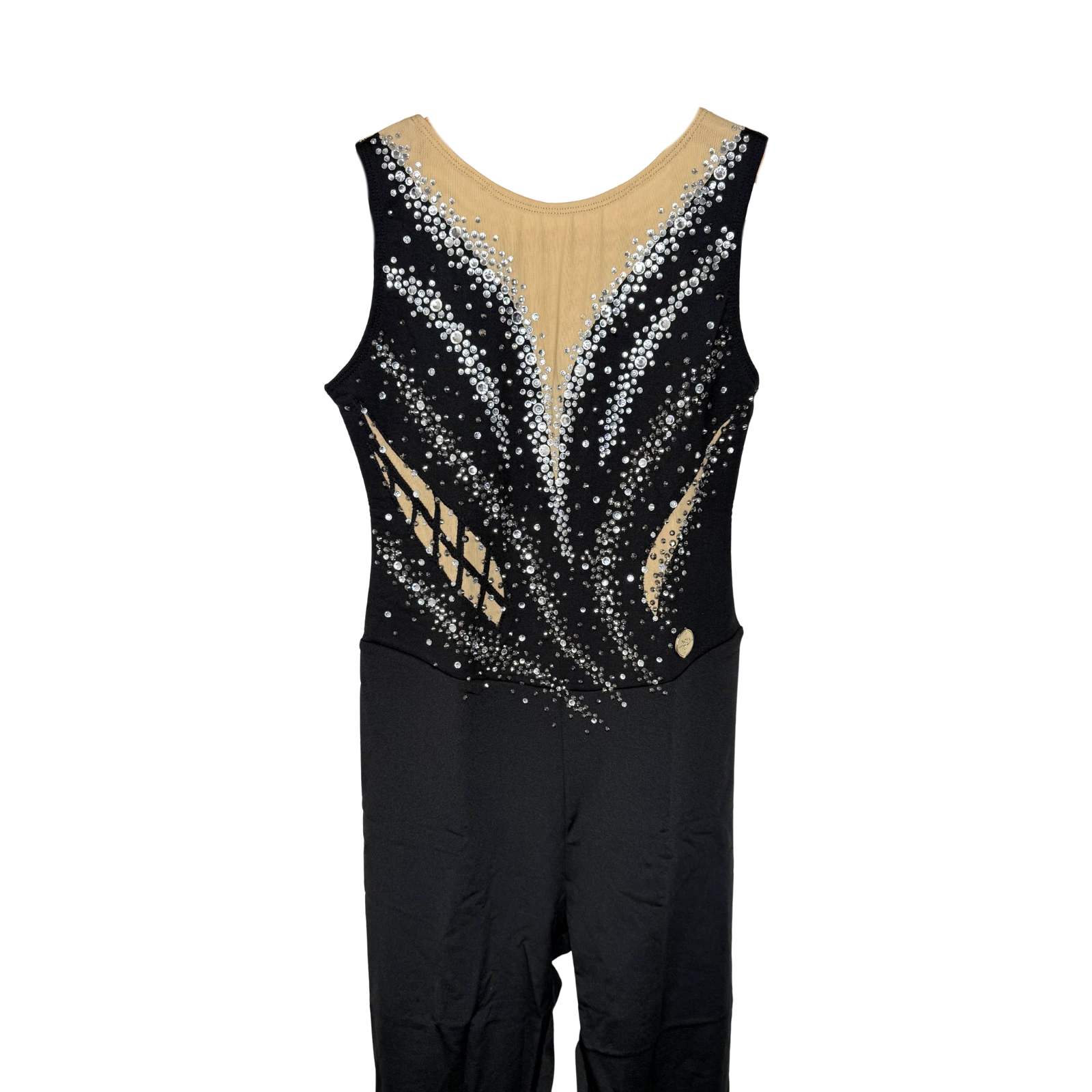 Académique de gymnastique rythmique noir sans manches avec décolleté illusion, strass argentés en cascade et jambes longues