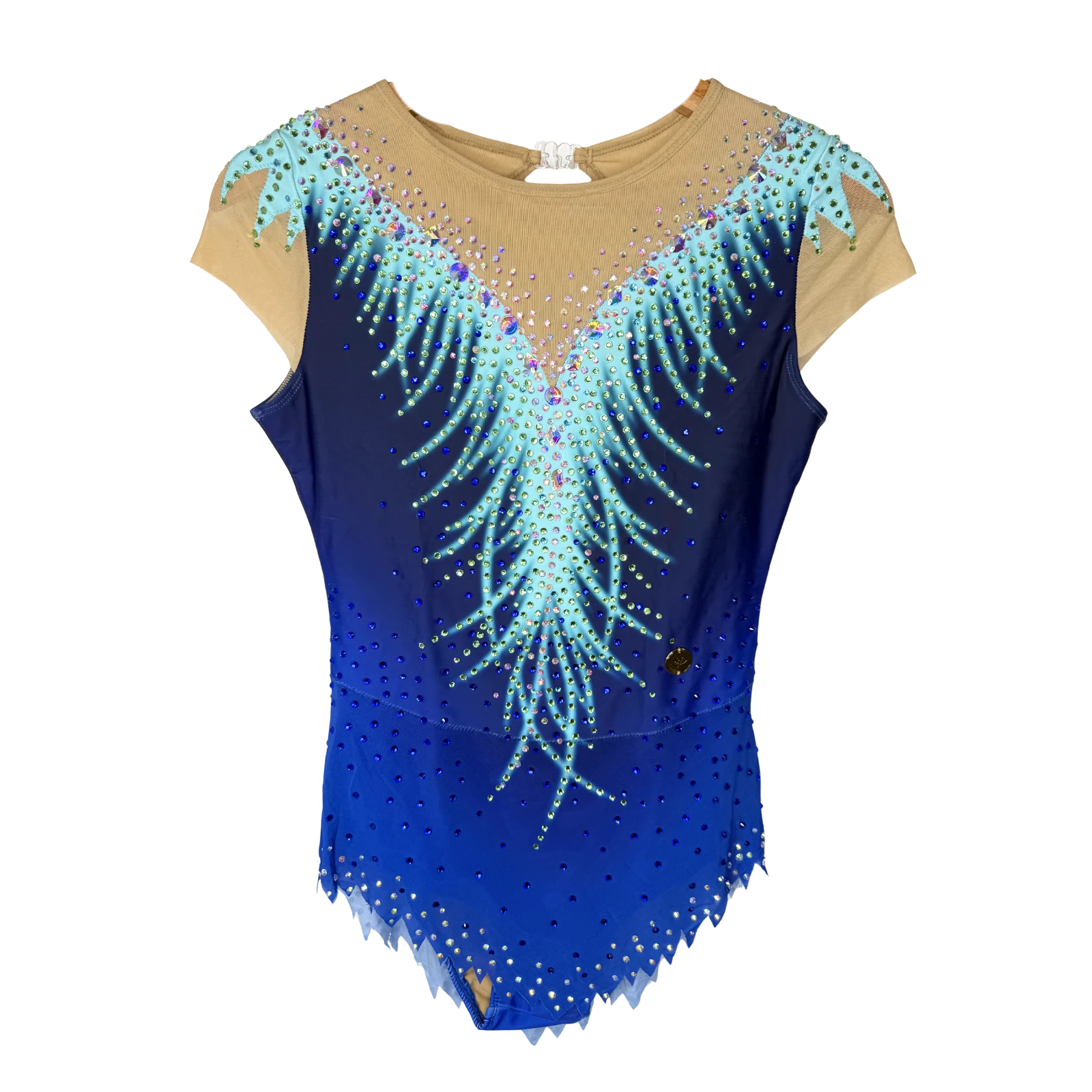Justaucorps de gymnastique rythmique en dégradé bleu marine et turquoise à manches courtes mesh chair avec motif plume centrale et strass cristal AB