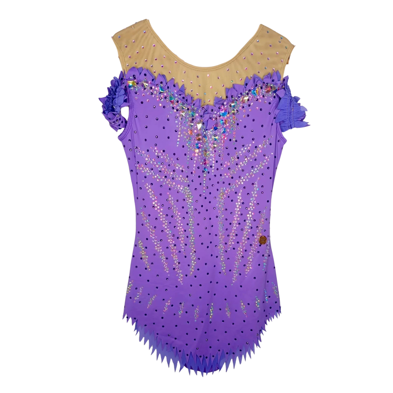 Justaucorps de gymnastique rythmique violet lavande sans manches avec épaulettes en pétales, décolleté mesh chair et pierres taillées multicolores