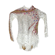 Justaucorps de gymnastique rythmique blanc velours à manches longues avec col montant, strass roses et dorés et jupe à pointes