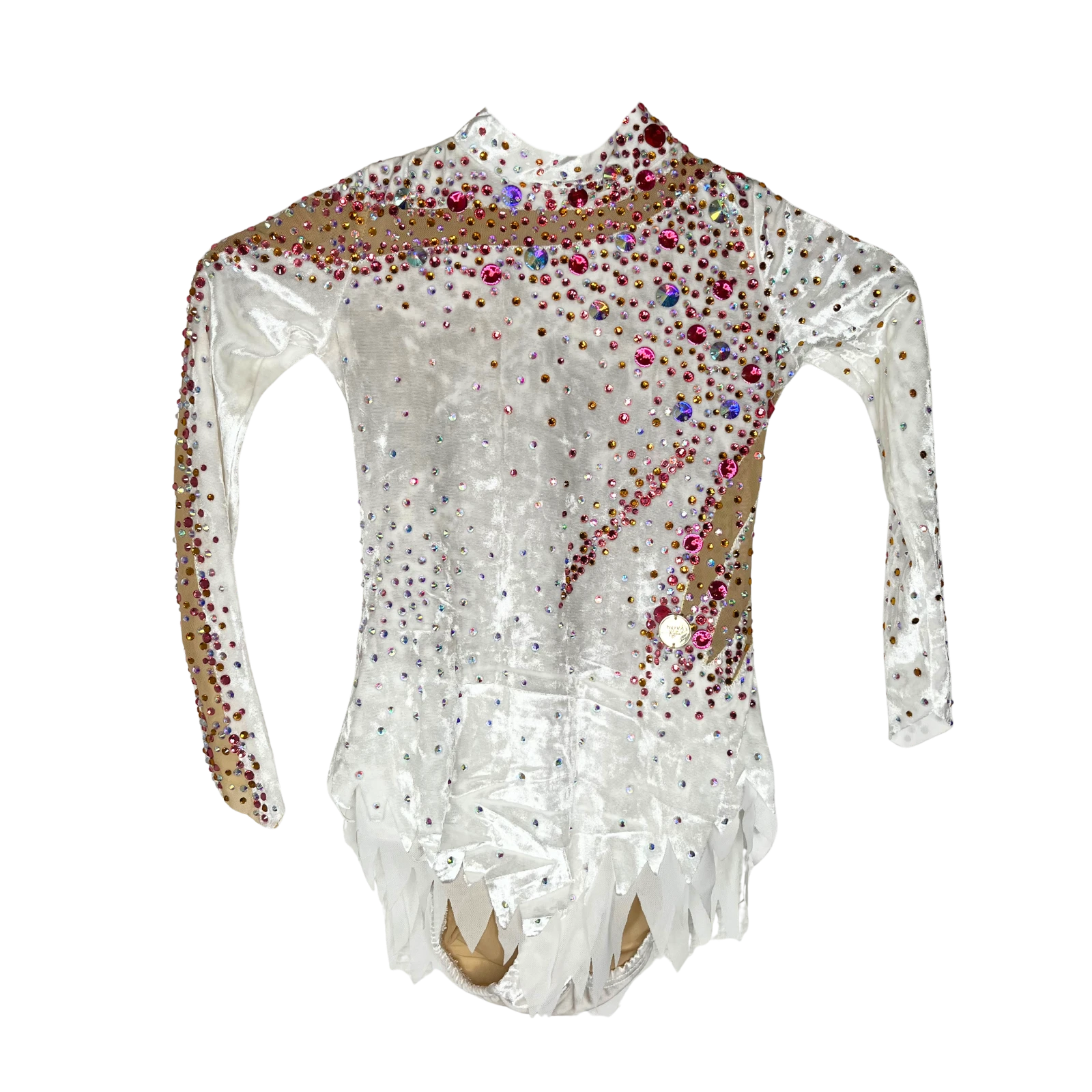 Justaucorps de gymnastique rythmique blanc velours à manches longues avec col montant, strass roses et dorés et jupe à pointes