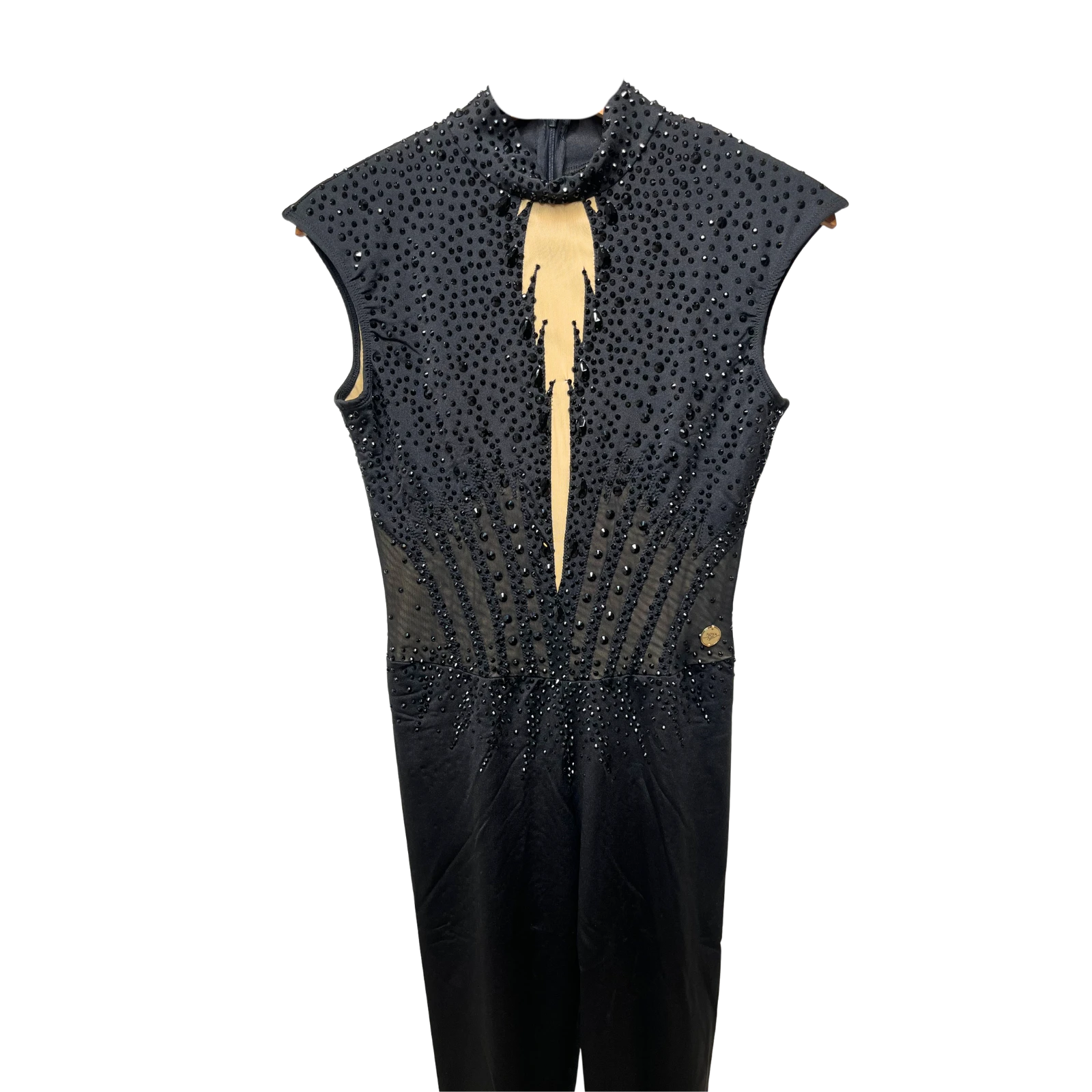 Académique de gymnastique rythmique noir à manches courtes avec col montant, strass noirs et découpe centrale mesh chair, jambes longues